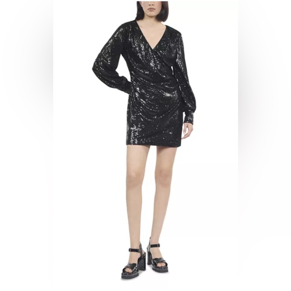 NWT The Kooples Black Sequin Draped Mini Dress - Picture 3 of 10